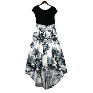 Marina Maxi Gown Dress Size 10 Black White Graphic SS High/Low Pleated Floral